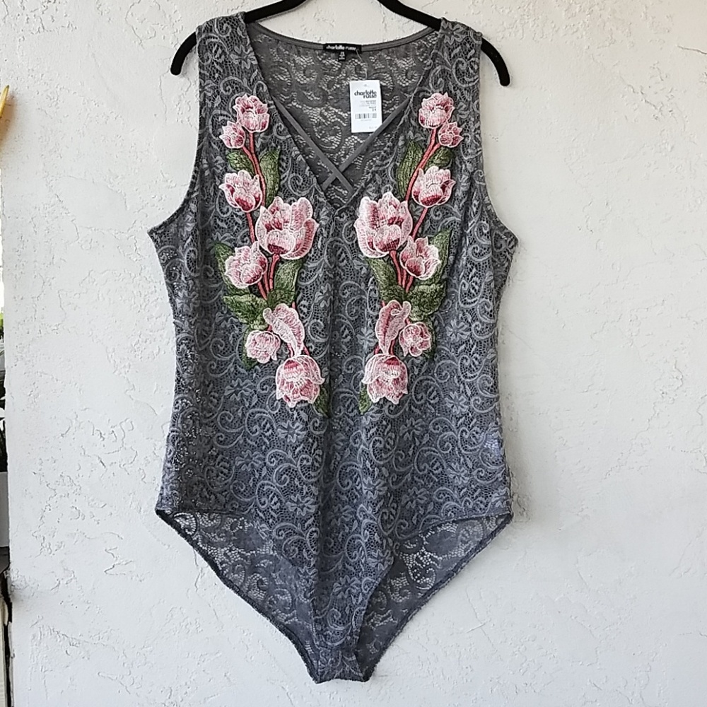 Gray Lace Embroidered Bodysuit